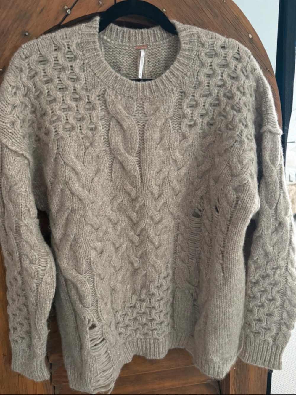 Free People Cable Knit Crewneck Sweater in Taupe soft destructed design